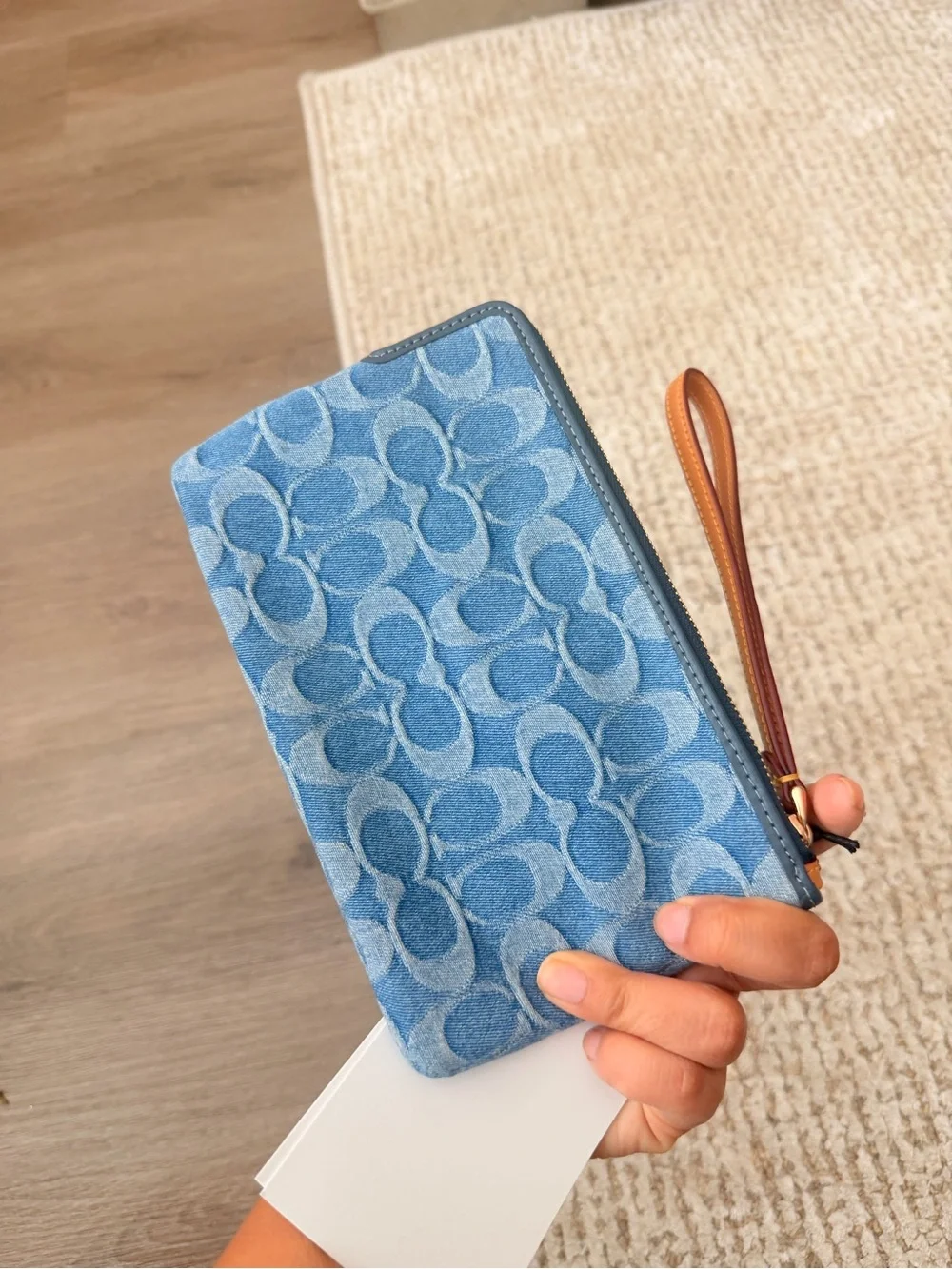 Coach Blue Denim Signature Wristlet with Tan Leather Strap